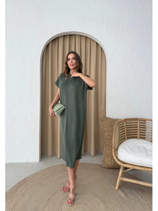 MODAL KUMAŞ OMUZ AKSESUAR DETAY ELBİSE HAKİ