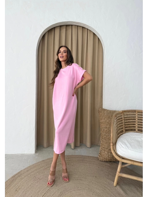 MODAL KUMAŞ OMUZ AKSESUAR DETAY ELBİSE PEMBE