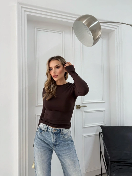 MODAL KUMAŞ PARMAK GEÇMELİ BASİC BLUZ KAHVE