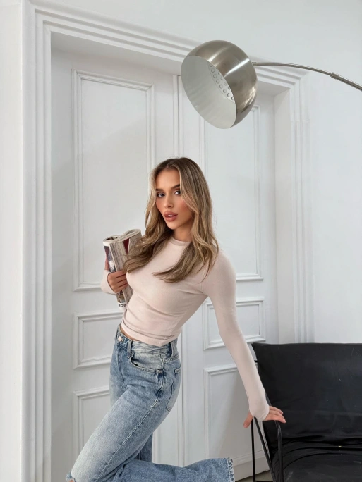 MODAL KUMAŞ PARMAK GEÇMELİ BASİC BLUZ KREM