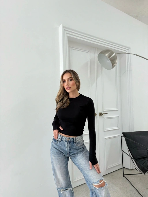 MODAL KUMAŞ PARMAK GEÇMELİ BASİC BLUZ SİYAH