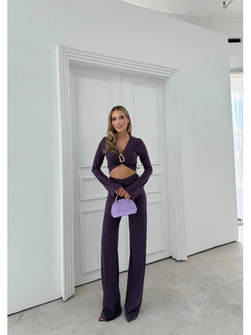 AKSESUAR DETAY BLUZ VE DRAPE PANTOLONLU İKİLİ TAKIM MOR