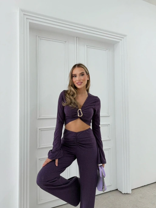 AKSESUAR DETAY BLUZ VE DRAPE PANTOLONLU İKİLİ TAKIM MOR