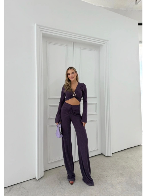 AKSESUAR DETAY BLUZ VE DRAPE PANTOLONLU İKİLİ TAKIM MOR