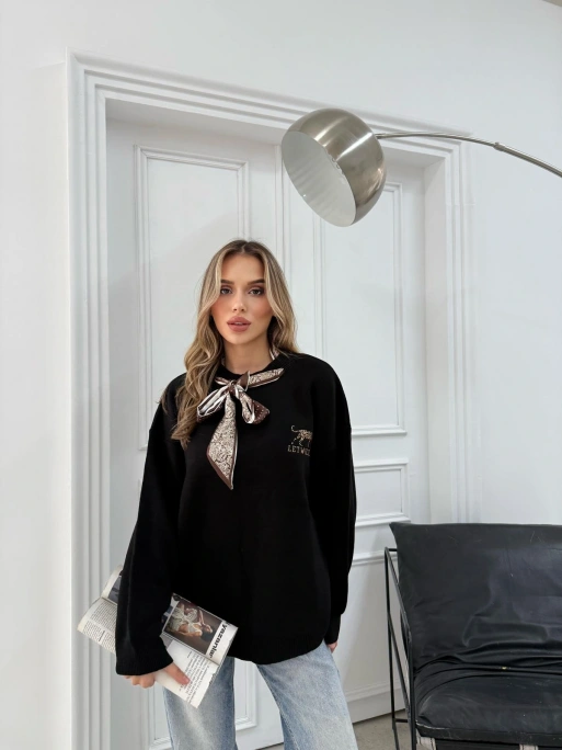 NAKIŞ DETAY FULARLI OVERSİZE KAZAK SİYAH