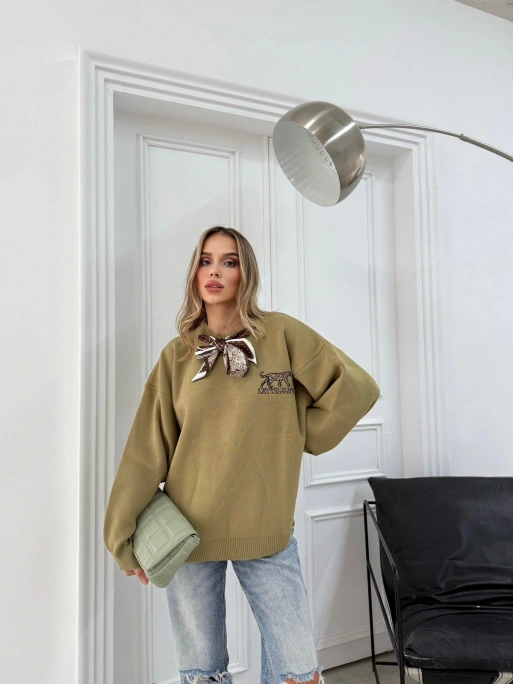 NAKIŞ DETAY FULARLI OVERSİZE KAZAK YEŞİL