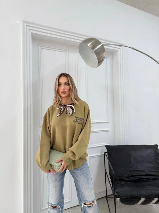 NAKIŞ DETAY FULARLI OVERSİZE KAZAK YEŞİL