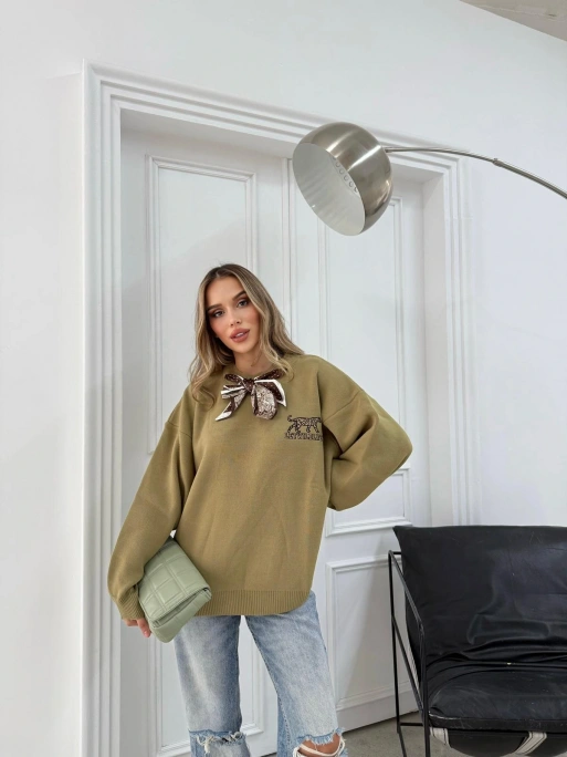 NAKIŞ DETAY FULARLI OVERSİZE KAZAK YEŞİL