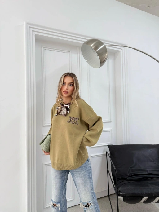 NAKIŞ DETAY FULARLI OVERSİZE KAZAK YEŞİL