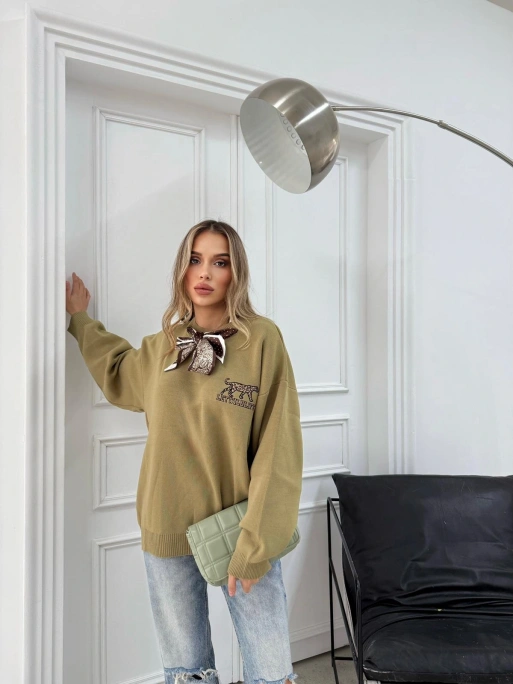 NAKIŞ DETAY FULARLI OVERSİZE KAZAK YEŞİL