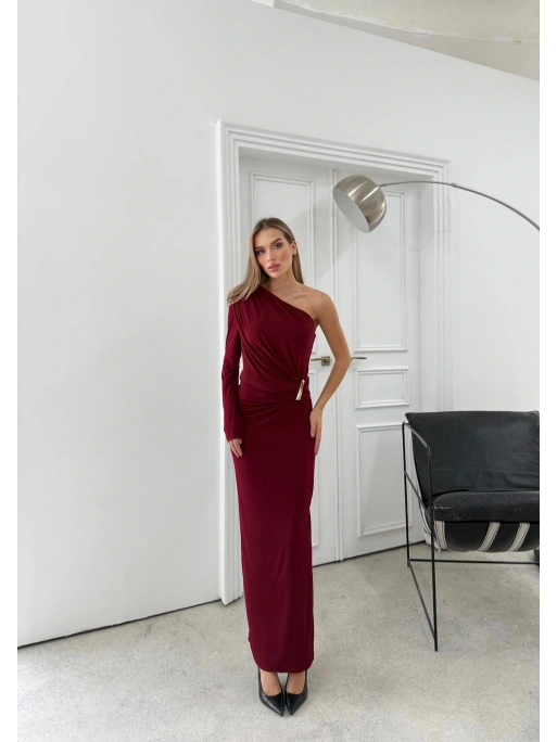 OMUZ DEKOLTE BEL AKSESUAR DETAY SANDY UZUN ELBİSE BORDO