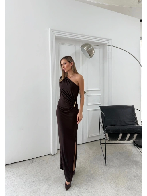 OMUZ DEKOLTE BEL AKSESUAR DETAY SANDY UZUN ELBİSE KAHVE