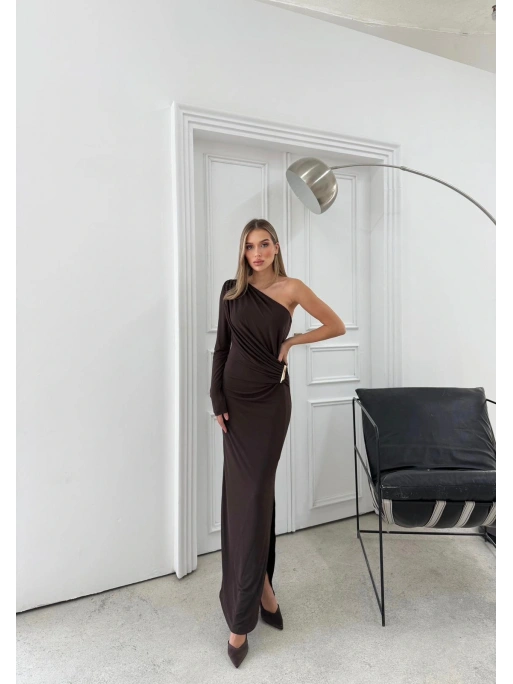 OMUZ DEKOLTE BEL AKSESUAR DETAY SANDY UZUN ELBİSE KAHVE