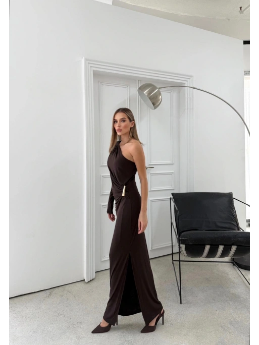 OMUZ DEKOLTE BEL AKSESUAR DETAY SANDY UZUN ELBİSE KAHVE