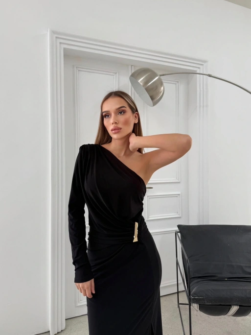 OMUZ DEKOLTE BEL AKSESUAR DETAY SANDY UZUN ELBİSE SİYAH