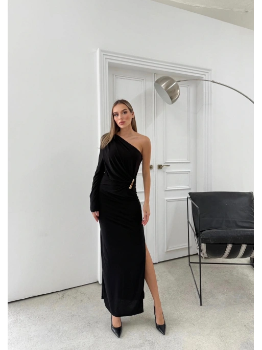 OMUZ DEKOLTE BEL AKSESUAR DETAY SANDY UZUN ELBİSE SİYAH