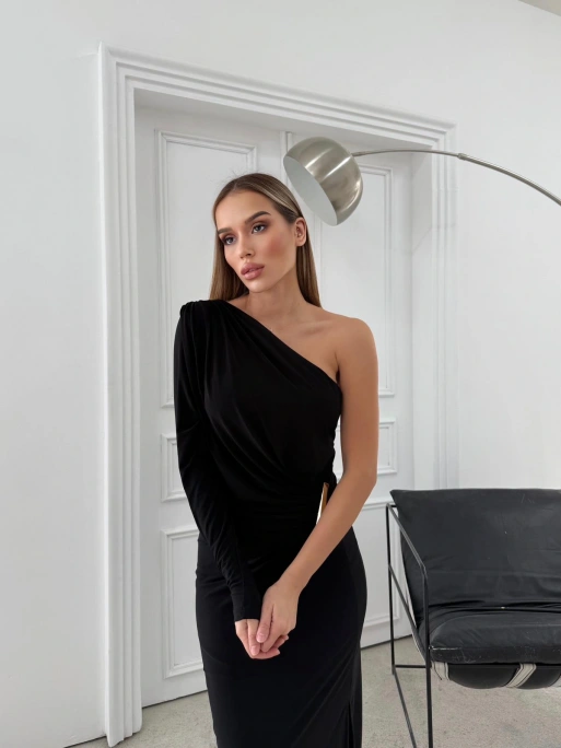 OMUZ DEKOLTE BEL AKSESUAR DETAY SANDY UZUN ELBİSE SİYAH