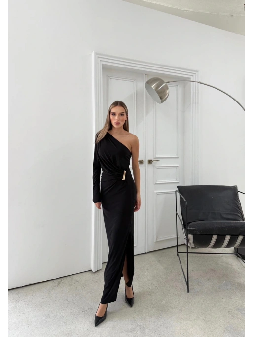 OMUZ DEKOLTE BEL AKSESUAR DETAY SANDY UZUN ELBİSE SİYAH