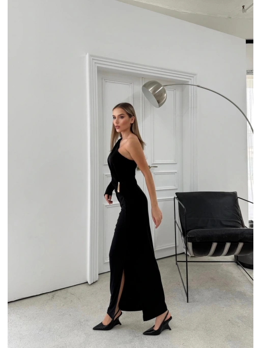 OMUZ DEKOLTE BEL AKSESUAR DETAY SANDY UZUN ELBİSE SİYAH