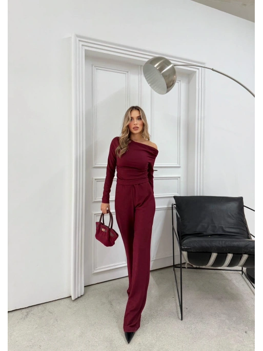 OMUZ DEKOLTE BLUZ VE PANTOLONLU SELANİK KUMAŞ İKİLİ TAKIM BORDO