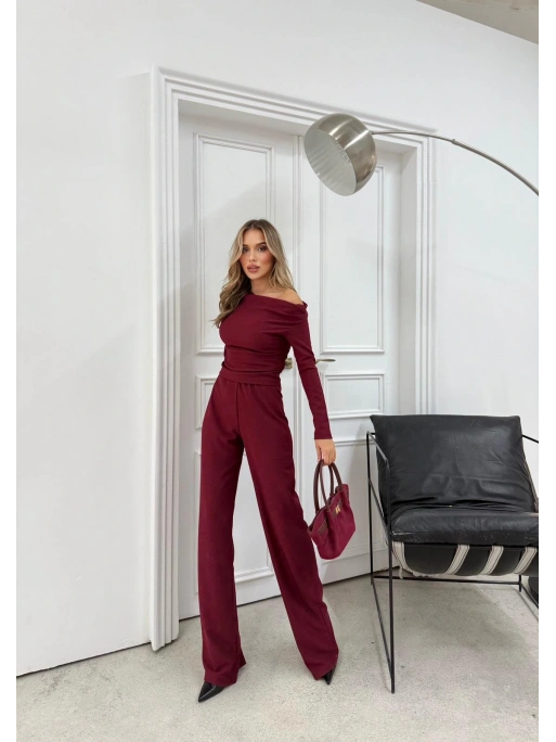 OMUZ DEKOLTE BLUZ VE PANTOLONLU SELANİK KUMAŞ İKİLİ TAKIM BORDO