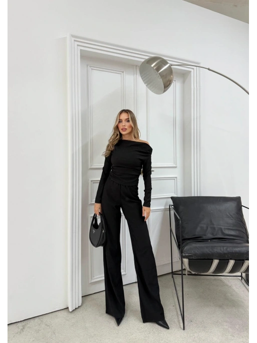 OMUZ DEKOLTE BLUZ VE PANTOLONLU SELANİK KUMAŞ İKİLİ TAKIM SİYAH