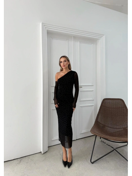 OMUZ DEKOLTE DETAY TAŞLI TÜL ASTARLI ELBİSE SİYAH