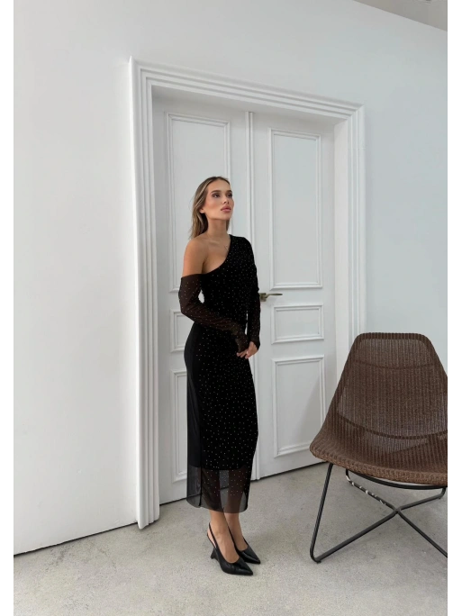 OMUZ DEKOLTE DETAY TAŞLI TÜL ASTARLI ELBİSE SİYAH