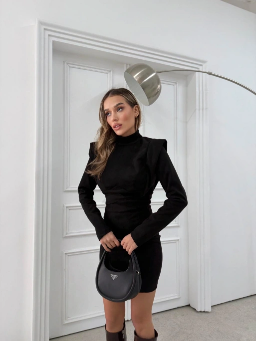 OMUZ DETAY NUBUK ELBİSE SİYAH