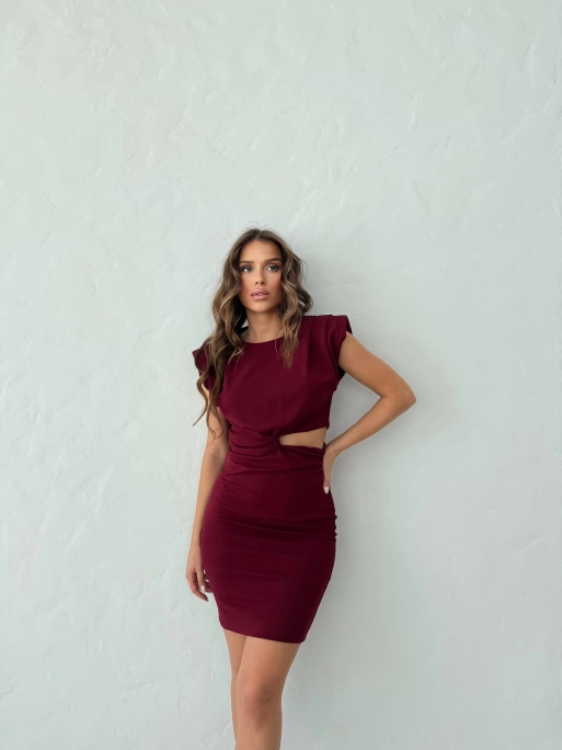 OMUZ VATKA BEL DEKOLTE DETAY CREP ELBİSE BORDO