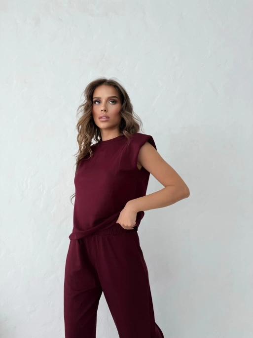 OMUZ VATKALI BLUZ VE PANTOLONLU MODAL KUMAŞ İKİLİ TAKIM BORDO