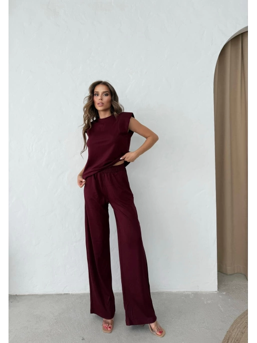 OMUZ VATKALI BLUZ VE PANTOLONLU MODAL KUMAŞ İKİLİ TAKIM BORDO