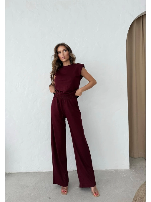 OMUZ VATKALI BLUZ VE PANTOLONLU MODAL KUMAŞ İKİLİ TAKIM BORDO