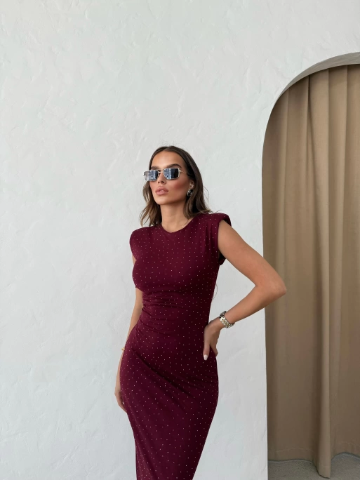 OMUZ VATKALI TAŞLI UZUN KALEM ELBİSE BORDO
