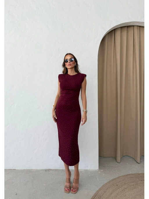 OMUZ VATKALI TAŞLI UZUN KALEM ELBİSE BORDO
