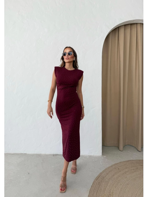 OMUZ VATKALI TAŞLI UZUN KALEM ELBİSE BORDO