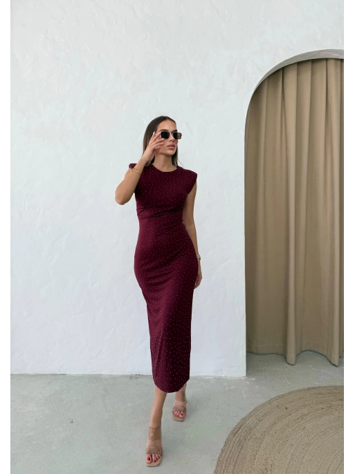 OMUZ VATKALI TAŞLI UZUN KALEM ELBİSE BORDO