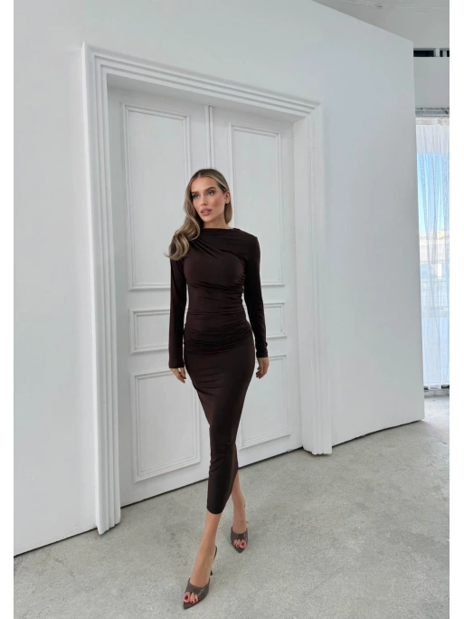 OMUZ VE BEL DRAPELİ UZUN SANDY ELBİSE KAHVE