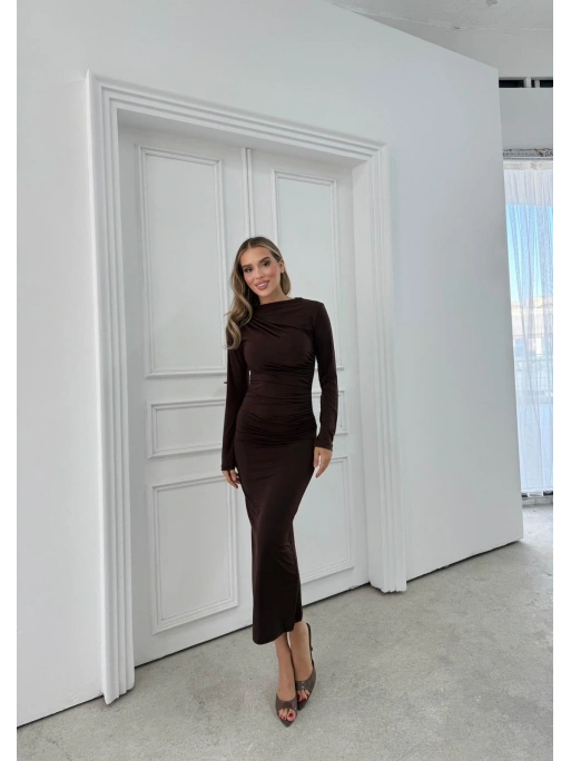 OMUZ VE BEL DRAPELİ UZUN SANDY ELBİSE KAHVE