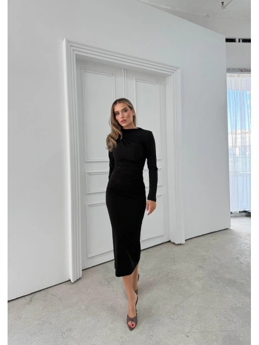 OMUZ VE BEL DRAPELİ UZUN SANDY ELBİSE SİYAH