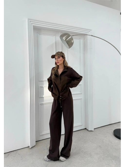 PARAŞÜT DETAY HIRKA VE PANTOLONLU MODAL İKİLİ TAKIM KAHVE