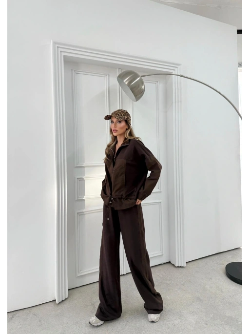 PARAŞÜT DETAY HIRKA VE PANTOLONLU MODAL İKİLİ TAKIM KAHVE