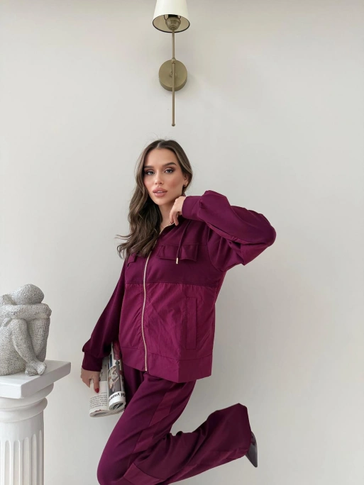 PARAŞÜT DETAY KAPÜŞONLU HIRKA VE PANTOLONLU MODAL İKİLİ TAKIM BORDO