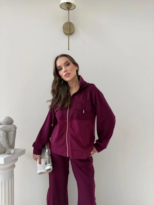 PARAŞÜT DETAY KAPÜŞONLU HIRKA VE PANTOLONLU MODAL İKİLİ TAKIM BORDO