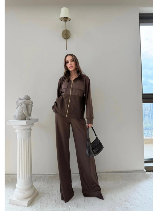 PARAŞÜT DETAY KAPÜŞONLU HIRKA VE PANTOLONLU MODAL İKİLİ TAKIM KAHVE