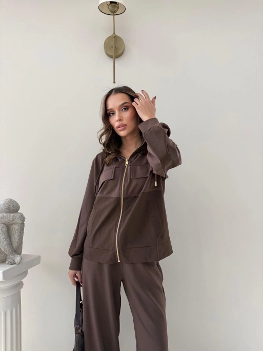 PARAŞÜT DETAY KAPÜŞONLU HIRKA VE PANTOLONLU MODAL İKİLİ TAKIM KAHVE