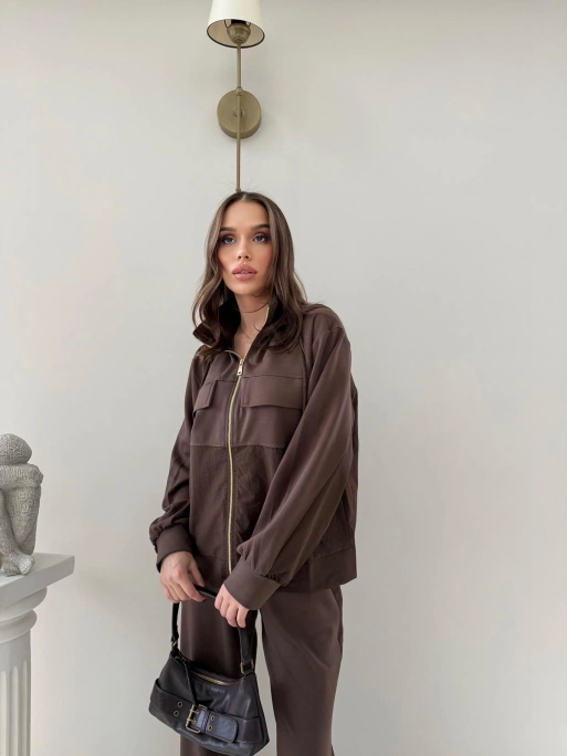 PARAŞÜT DETAY KAPÜŞONLU HIRKA VE PANTOLONLU MODAL İKİLİ TAKIM KAHVE