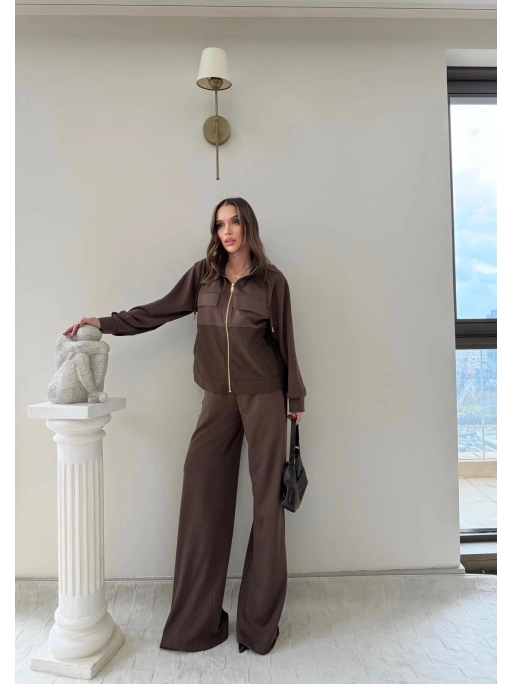 PARAŞÜT DETAY KAPÜŞONLU HIRKA VE PANTOLONLU MODAL İKİLİ TAKIM KAHVE