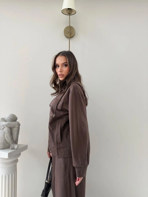 PARAŞÜT DETAY KAPÜŞONLU HIRKA VE PANTOLONLU MODAL İKİLİ TAKIM KAHVE