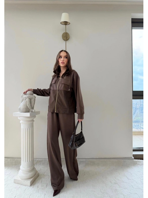 PARAŞÜT DETAY KAPÜŞONLU HIRKA VE PANTOLONLU MODAL İKİLİ TAKIM KAHVE